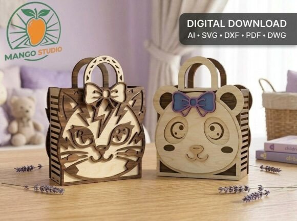 Cat and Panda Kids Gift Box Laser Cut