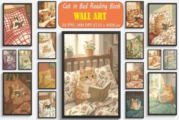 Cat in Bed Reading Book Wall Art