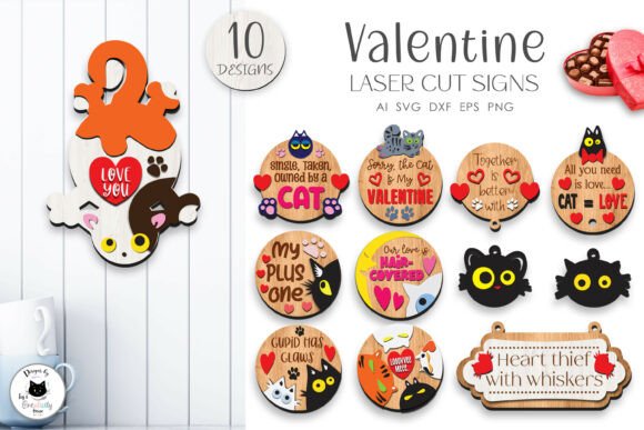 Cat Valentine Round Signs Laser Cut