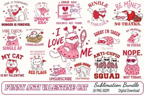 Funny Anti Valentine’s Day Cat PNG Bundle