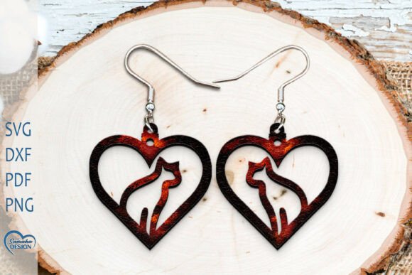 Heart Earrings Boho Laser Cut with Cat