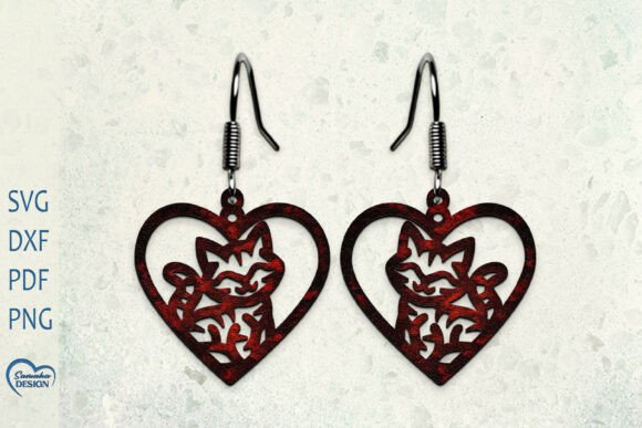 Heart Earrings Laser Cut with Cute Cat