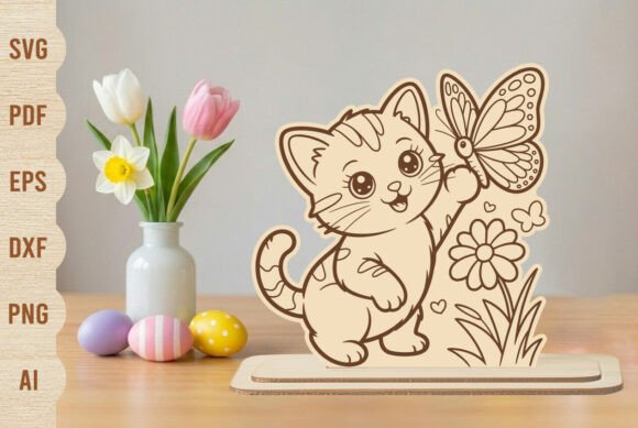 Laser Cut Cute Cat with Butterfly Stand