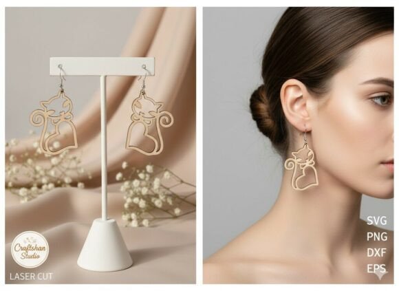 Laser Cut Wooden Cat Earrings with Heart