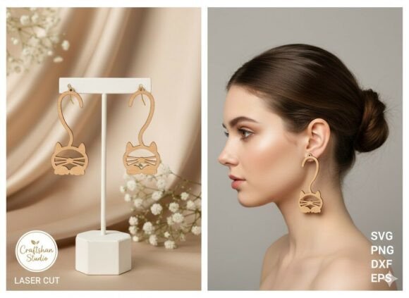 Laser Cut Wooden Cat Face Earrings